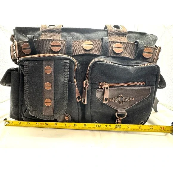 Banned Alternative DOOM LAGOON HANDBAG Steampunk Key Canvas Black Copper NWT - Picture 13 of 16